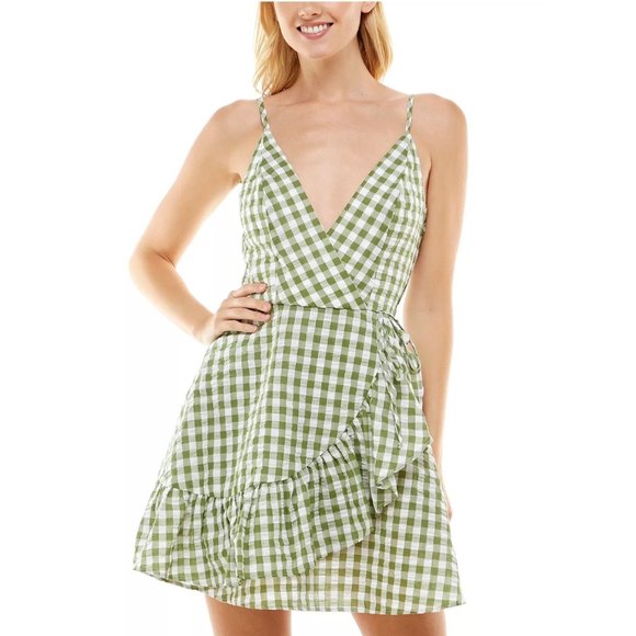 SPEECHLESS Juniors Gingham Cotton Faux-Wrap Dress Olive White XXS - Picture 1 of 3